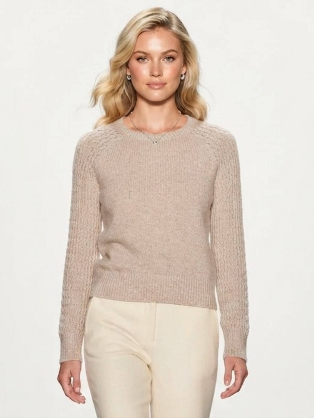 Aqua Cashmere Tan Beige 100% Cashmere Crewneck Sweater S Pointelle Knit Sleeve